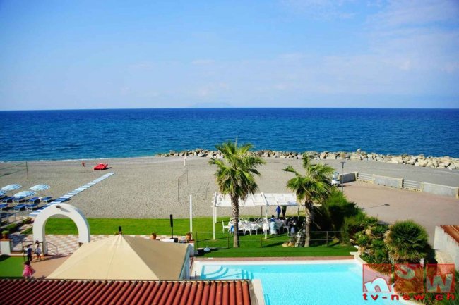 Vista sul mare con piscina, palme e spiaggia.
