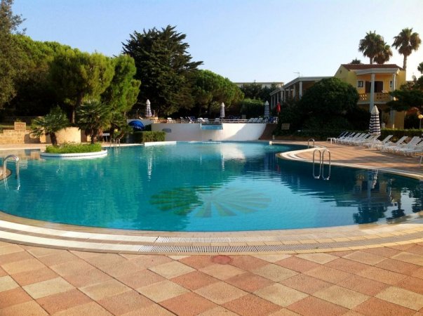 Piscina circolare con sedie a sdraio, vegetazione sullo sfondo.