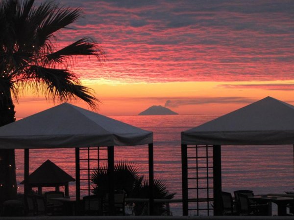 Un tramonto sul mare con tende e una palma in primo piano.