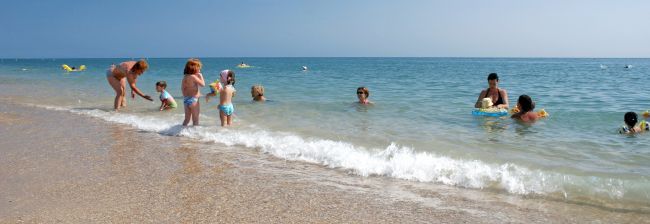 Bambini e adulti giocano in acqua vicino alla riva.