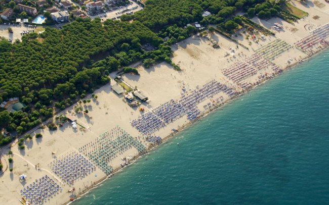 Veduta aerea di una spiaggia affollata.