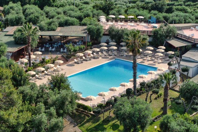 Piscina rettangolare circondata da ombrelloni e alberi.